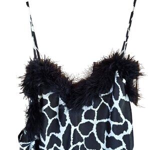 Cinema Etoile Vintage Giraffe Print Slip Dress With Black Feather Trim